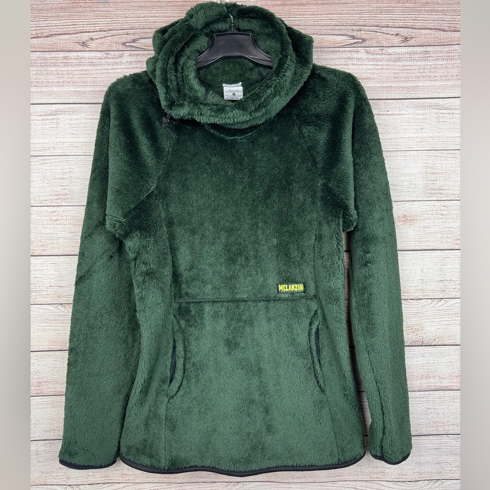 Melanzana High Loft Hoodie Size S Green Fuzzy Fleece Pullover